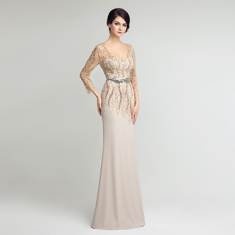 Exquisite Long - Sleeved Beige Mermaid Gown with Embellished Bodice Prom Dress,LX277