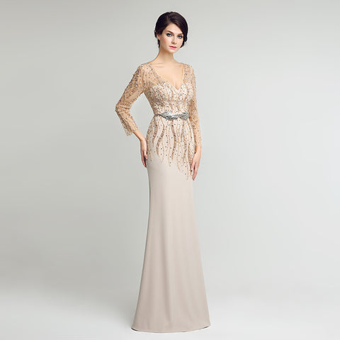 Exquisite Long - Sleeved Beige Mermaid Gown with Embellished Bodice Prom Dress,LX277