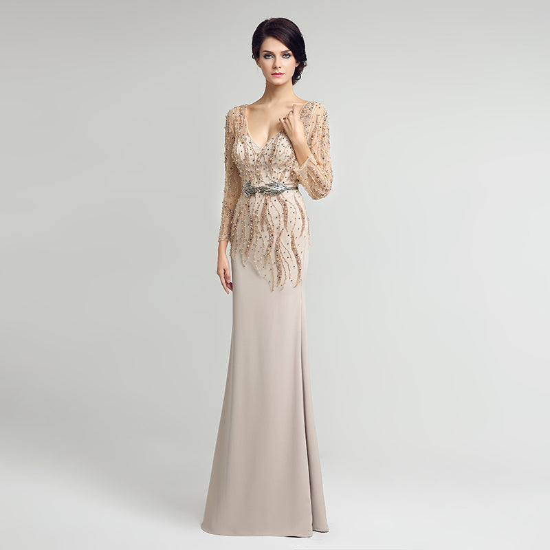 Exquisite Long - Sleeved Beige Mermaid Gown with Embellished Bodice Prom Dress,LX277