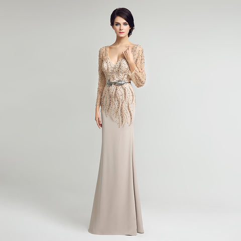 Exquisite Long - Sleeved Beige Mermaid Gown with Embellished Bodice Prom Dress,LX277