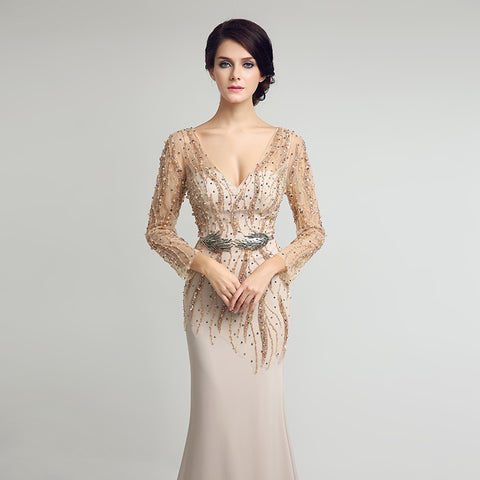 Exquisite Long - Sleeved Beige Mermaid Gown with Embellished Bodice Prom Dress,LX277