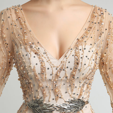 Exquisite Long - Sleeved Beige Mermaid Gown with Embellished Bodice Prom Dress,LX277