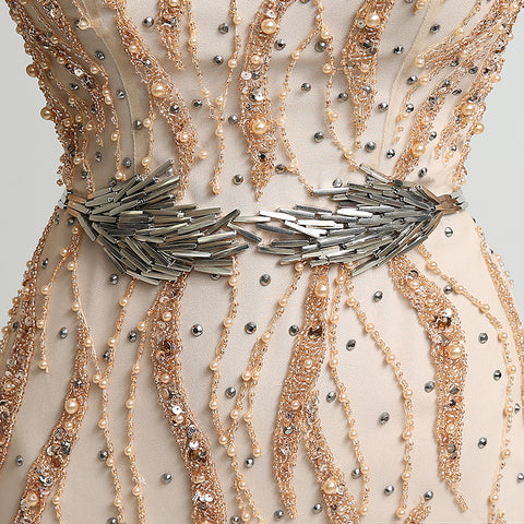 Exquisite Long - Sleeved Beige Mermaid Gown with Embellished Bodice Prom Dress,LX277