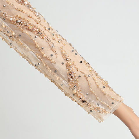 Exquisite Long - Sleeved Beige Mermaid Gown with Embellished Bodice Prom Dress,LX277