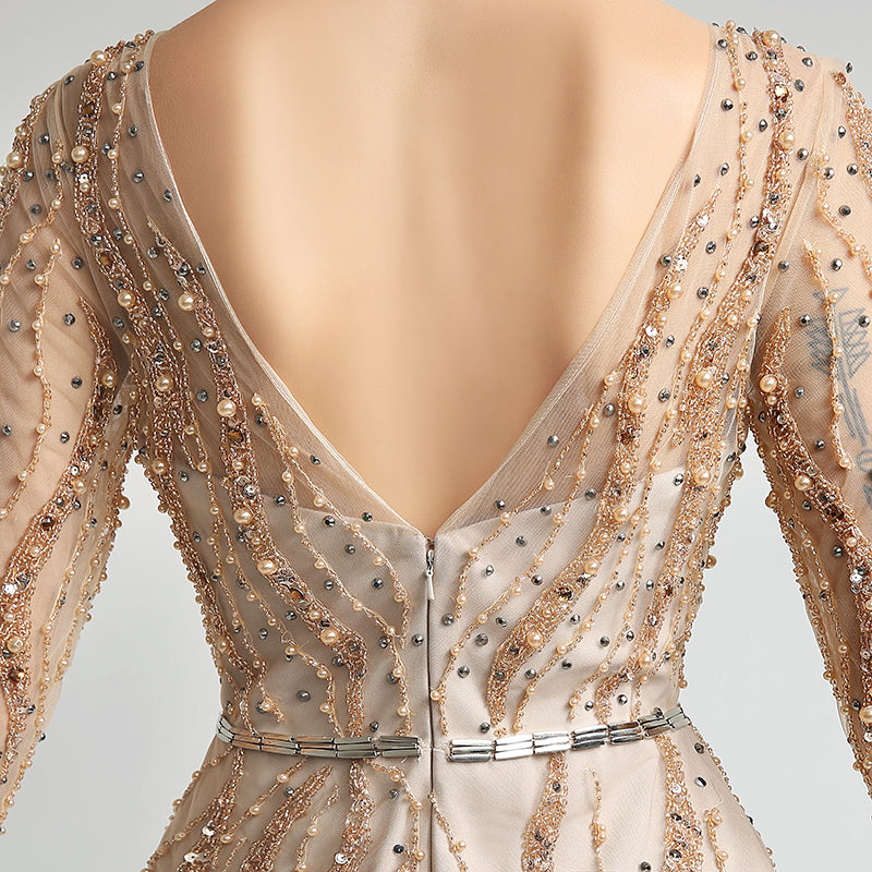 Exquisite Long - Sleeved Beige Mermaid Gown with Embellished Bodice Prom Dress,LX277