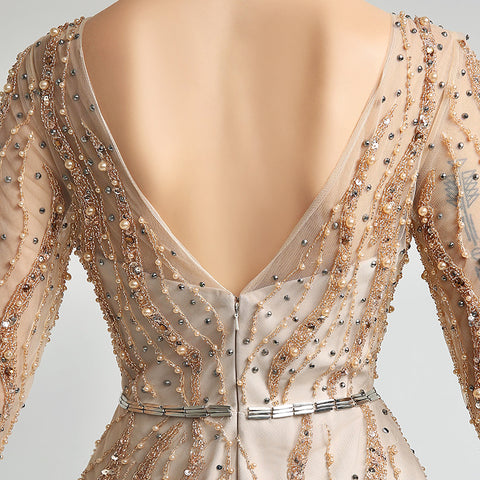 Exquisite Long - Sleeved Beige Mermaid Gown with Embellished Bodice Prom Dress,LX277