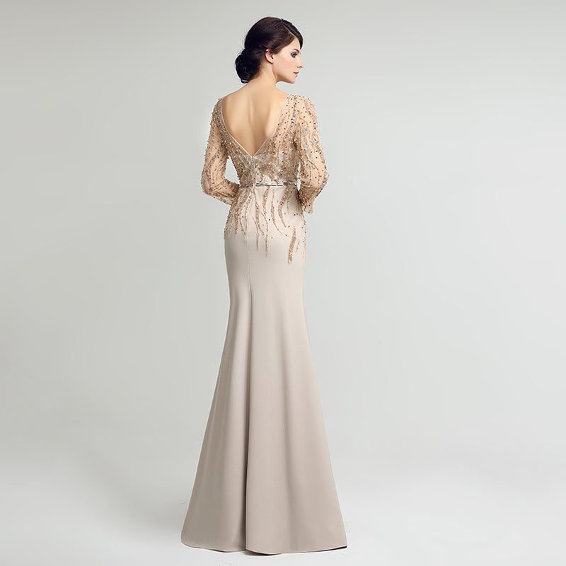 Exquisite Long - Sleeved Beige Mermaid Gown with Embellished Bodice Prom Dress,LX277