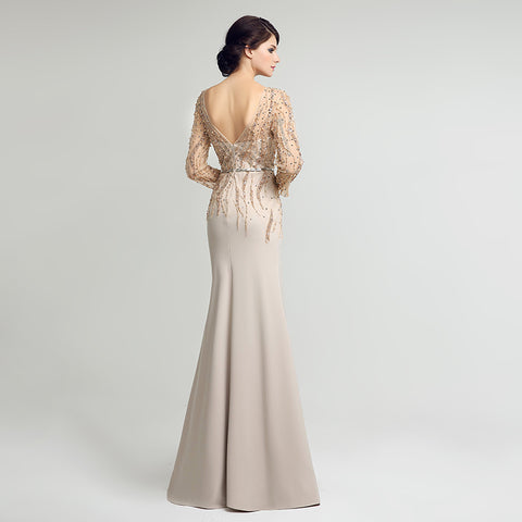 Exquisite Long - Sleeved Beige Mermaid Gown with Embellished Bodice Prom Dress,LX277