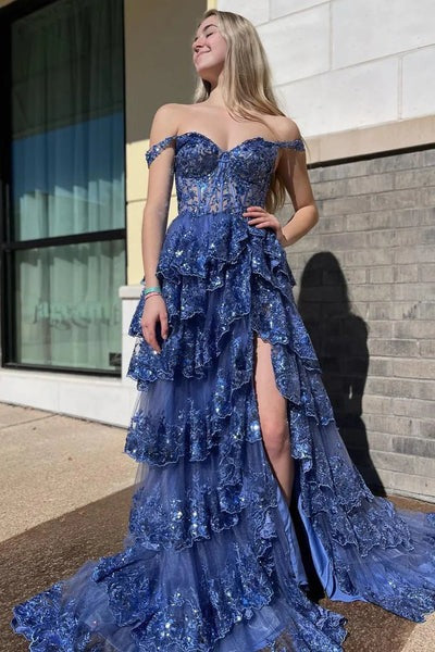 Cute A Line Off the Shoulder Blue Sequin Lace Long Prom Dresses