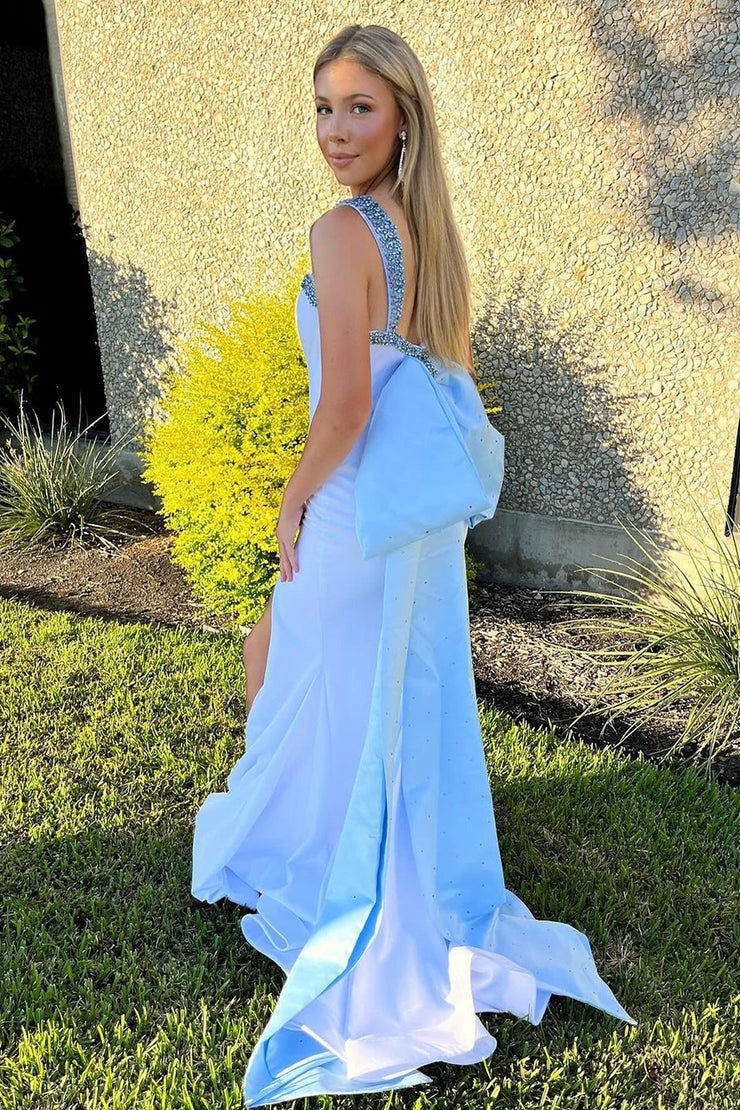 Charming Scoop Neck Light Blue Satin Long Mermaid  Prom Dresses with Beading