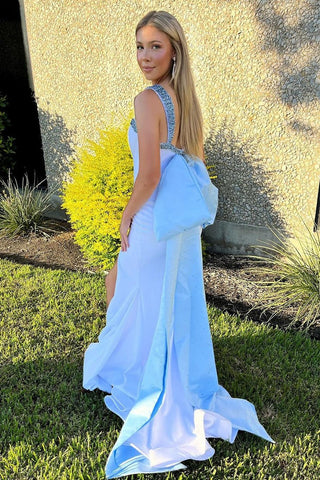 Charming Scoop Neck Light Blue Satin Long Mermaid  Prom Dresses with Beading
