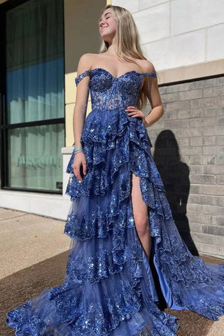 Cute A Line Off the Shoulder Blue Sequin Lace Long Prom Dresses