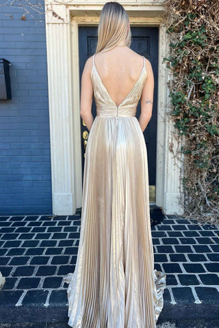 Plunging Gold Pleated V-Neck Long Prom Dress