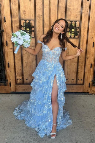 Cute A Line Off the Shoulder Blue Sequin Lace Long Prom Dresses
