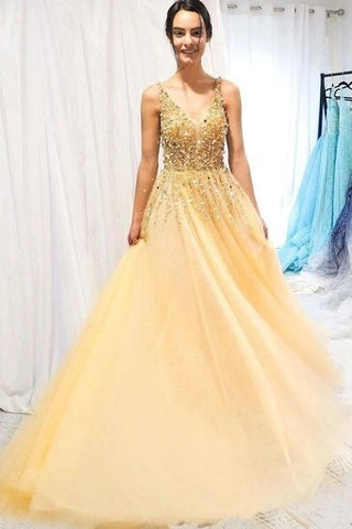 Yellow V Neck Beading Tulle Prom Dresses Spaghetti Straps A Line Long Cheap Formal Dress