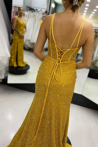 Brown Mermaid Sequin Sweetheart Lace-Up Long Prom Dress with Slit