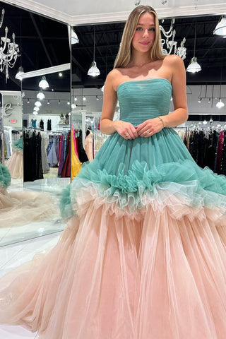 Chic Strapless Ruffle Tiered Tulle A-Line Long Prom Dress