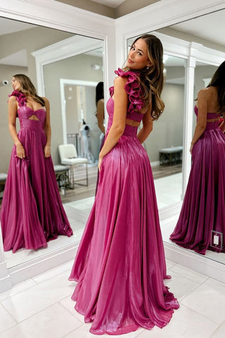 Cute Fuchsia A Line One Shoulder Sparkly Satin Long Prom Dress with Slit