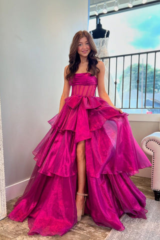 A-Line Strapless Ruffle Tiered Organza Long Prom Dress