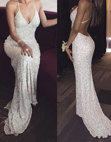 Glamorous Spaghetti - Strap Deep V - Neck Sequin Mermaid Evening Dress with Open Back