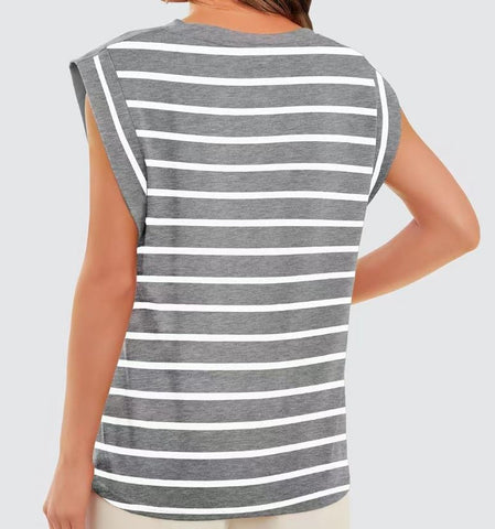 Spring and summer round neck loose short sleeved striped women's vest