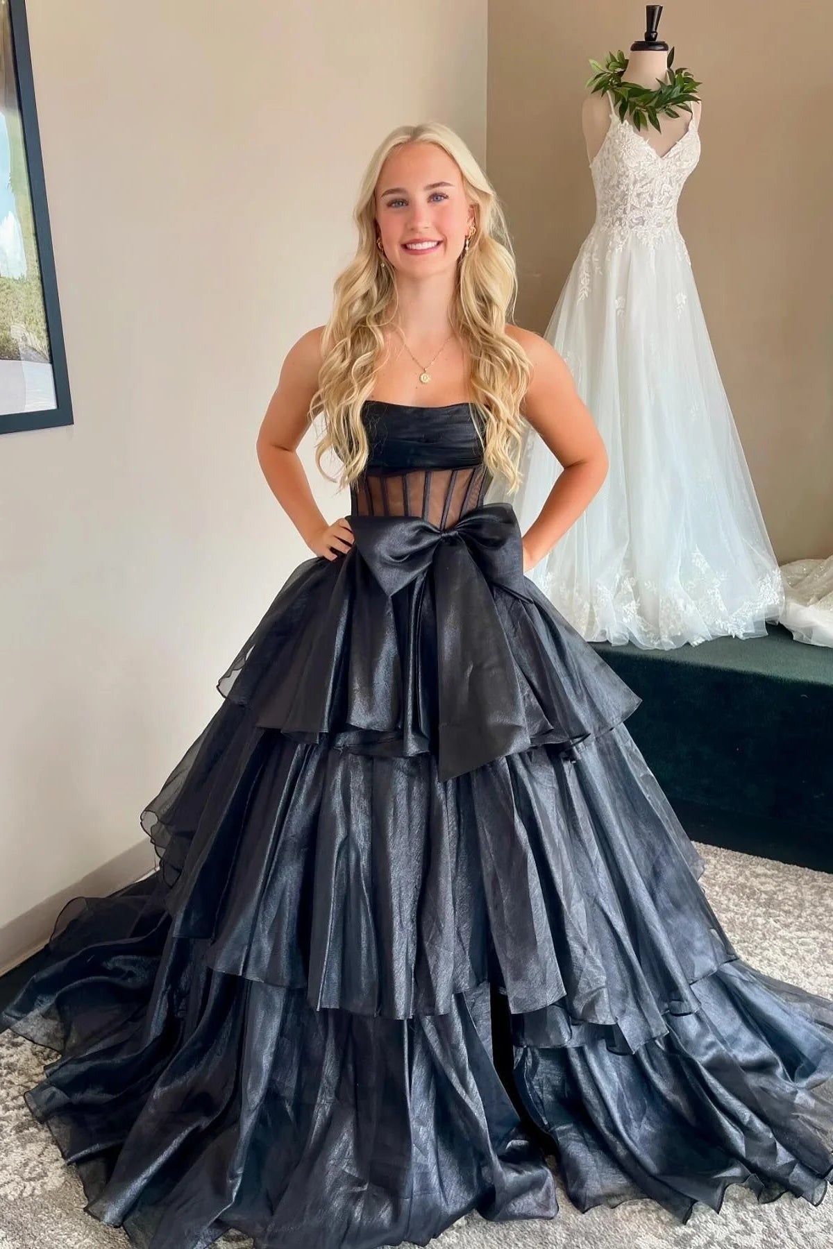 A-Line Strapless Ruffle Tiered Organza Long Prom Dress