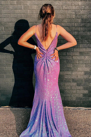 Mermaid Purple Sparkly Evening Dress Backless Spaghetti Straps Prom Dress
