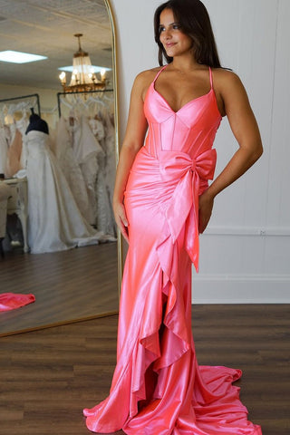 Cute V Neck Pink Satin Long Mermaid Prom Dresses with Bow