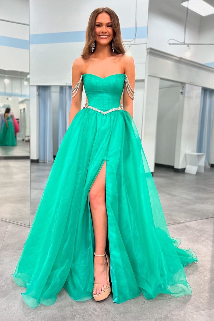 Charming Strapless Green A-Line Long Prom Dress with Beaded Straps