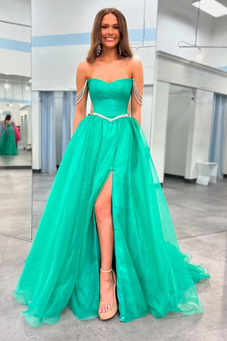 Charming Strapless Green A-Line Long Prom Dress with Beaded Straps