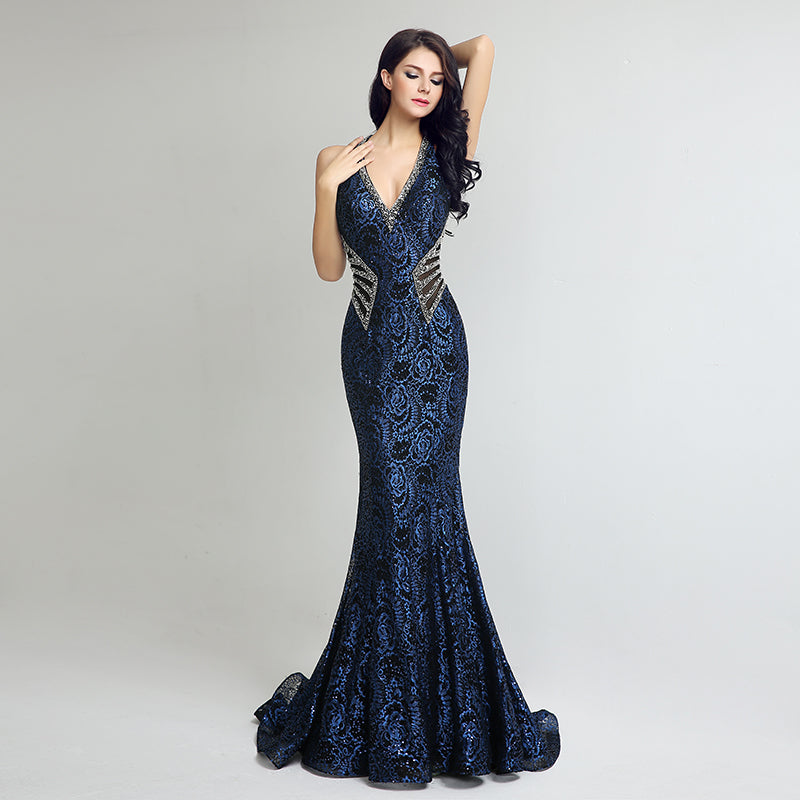 Stunning Navy Blue V - Neck Mermaid Evening Gown with Sparkling Embellishments Prom Dress,LX235