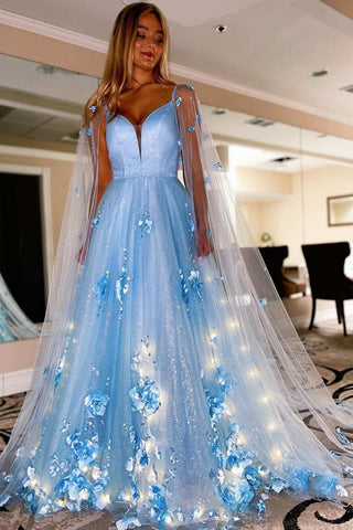 A-Line Lavender 3D Floral Lace  with Cape Sleeves Prom Dress