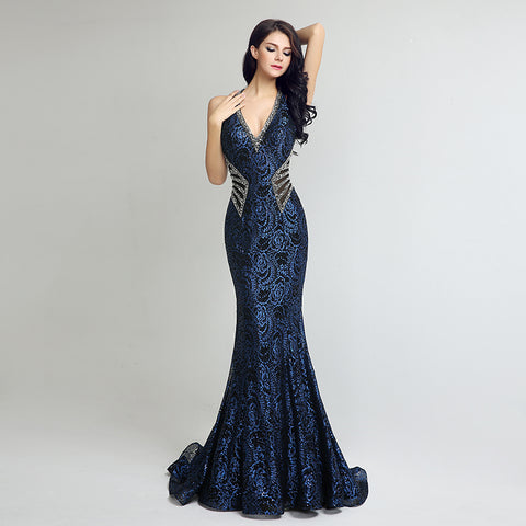 Stunning Navy Blue V - Neck Mermaid Evening Gown with Sparkling Embellishments Prom Dress,LX235