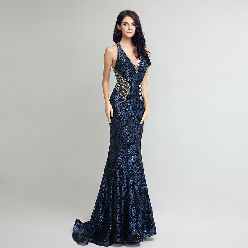 Stunning Navy Blue V - Neck Mermaid Evening Gown with Sparkling Embellishments Prom Dress,LX235