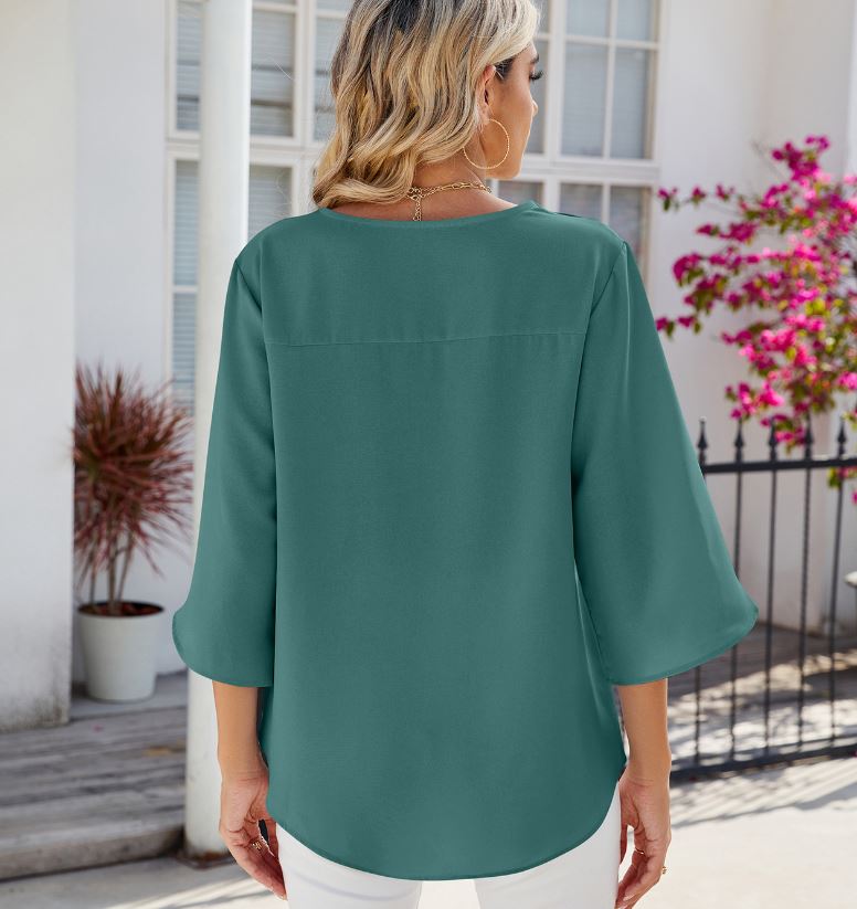 Spring/Summer New Solid Color V-neck Mid Sleeve Loose Chiffon Women's Top