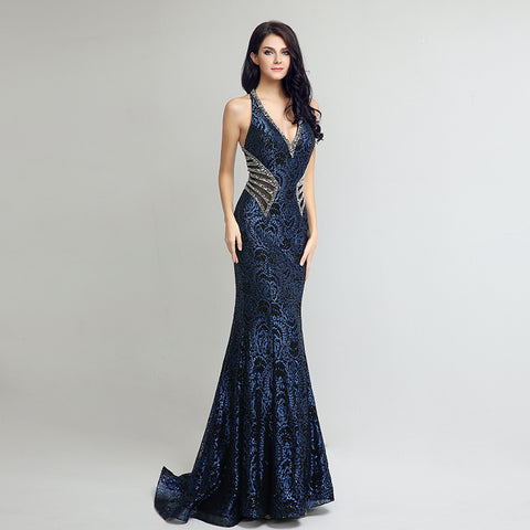 Stunning Navy Blue V - Neck Mermaid Evening Gown with Sparkling Embellishments Prom Dress,LX235