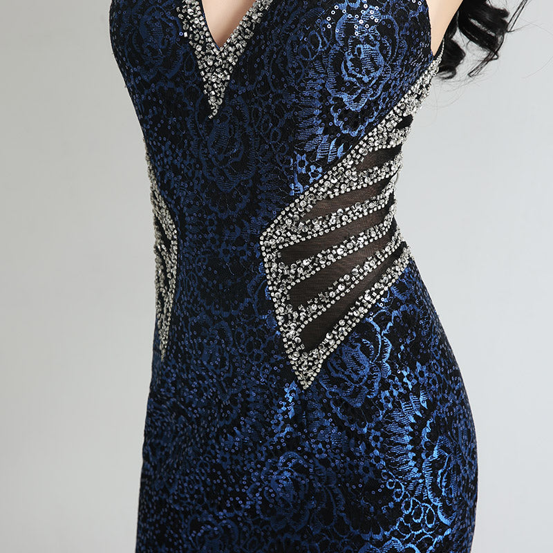 Stunning Navy Blue V - Neck Mermaid Evening Gown with Sparkling Embellishments Prom Dress,LX235