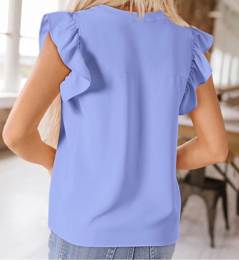 Fashionable chiffon V-neck petal lotus leaf short sleeved waistband top