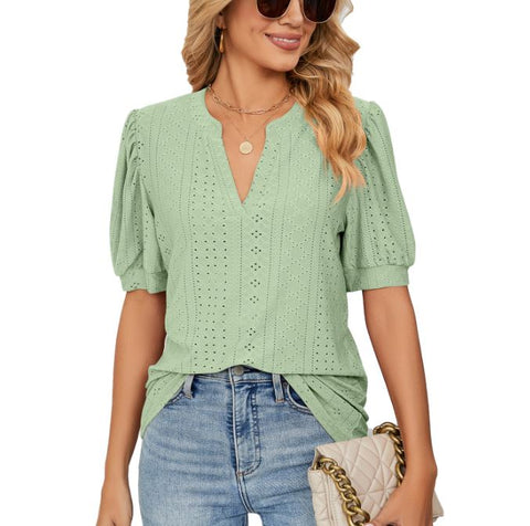 Summer casual V-neck solid color hollow bubble sleeve loose T-shirt