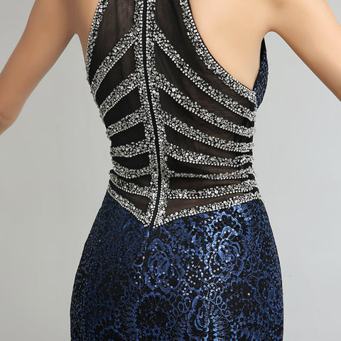 Stunning Navy Blue V - Neck Mermaid Evening Gown with Sparkling Embellishments Prom Dress,LX235