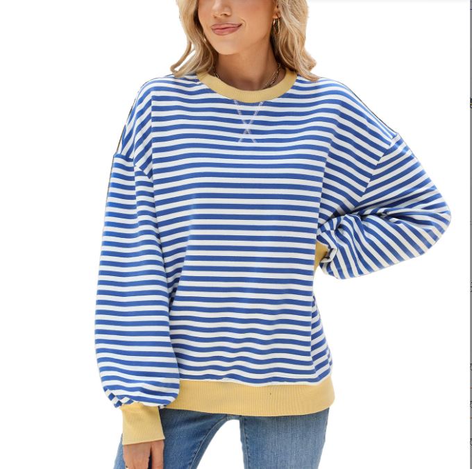 Autumn and winter striped round neck contrasting loose long sleeved sweatshirt jacket for women