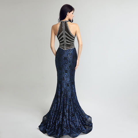 Stunning Navy Blue V - Neck Mermaid Evening Gown with Sparkling Embellishments Prom Dress,LX235
