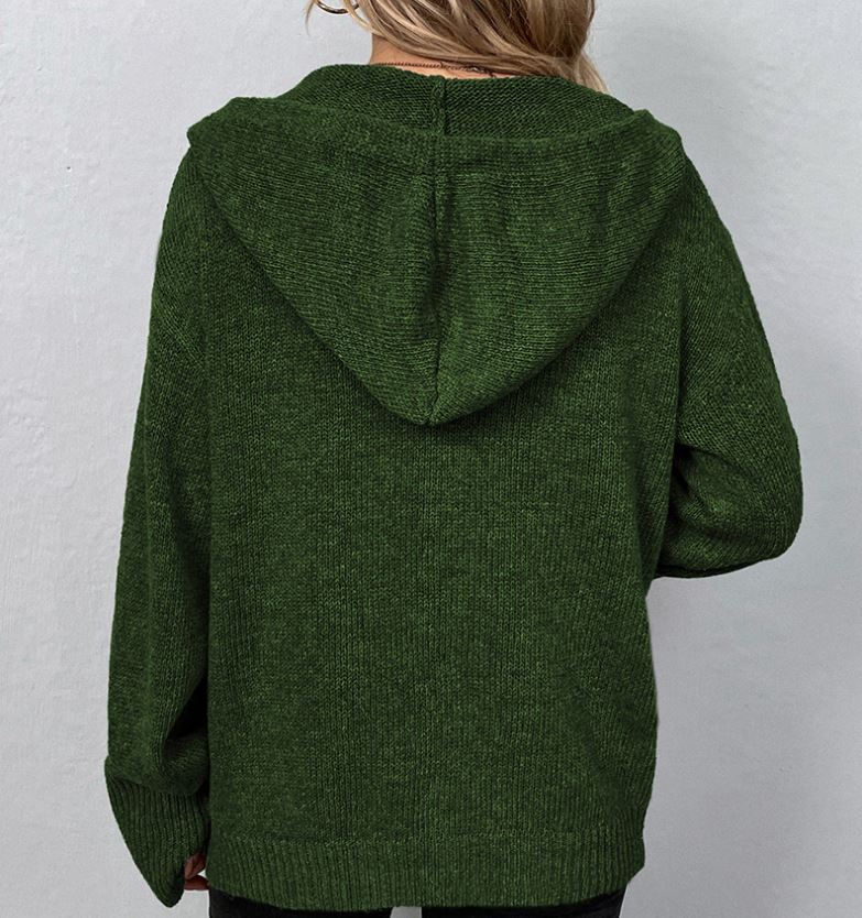 Solid color hooded single breasted autumn and winter drawstring knit sweater jacket