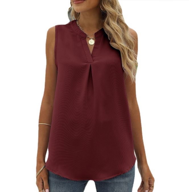 Solid color chiffon shirt loose V-neck pullover sleeveless top vest