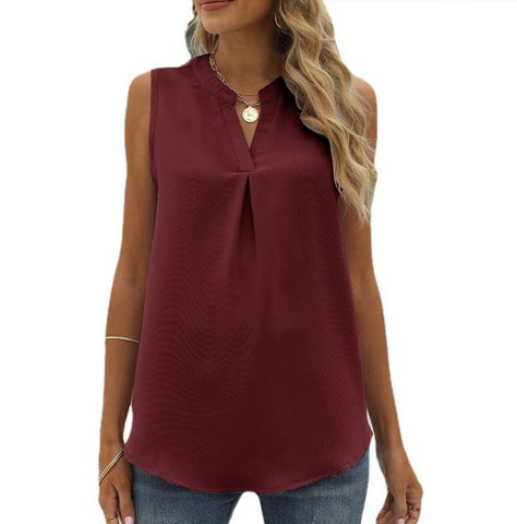 Solid color chiffon shirt loose V-neck pullover sleeveless top vest