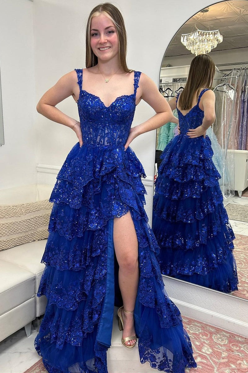 A-Line  Off-the-Shoulder Tiered Long Lace Prom Dress with Slit