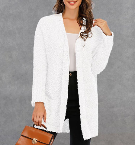 Winter new plus size knitted double pocket cardigan mid length sweater