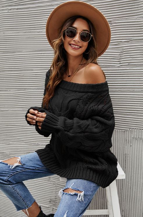Off shoulder oversized loose one neck solid color pullover sweater