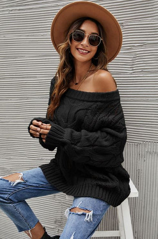 Off shoulder oversized loose one neck solid color pullover sweater