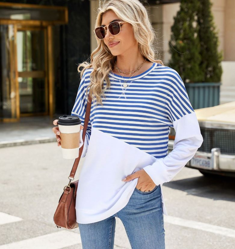 Autumn and winter new solid color round neck contrasting striped long sleeved sweatshirt jacket for women